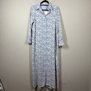 SMF Womens Large Maxi Shirt Dress Blue Floral Button Up Collared 3/4 Sleeves